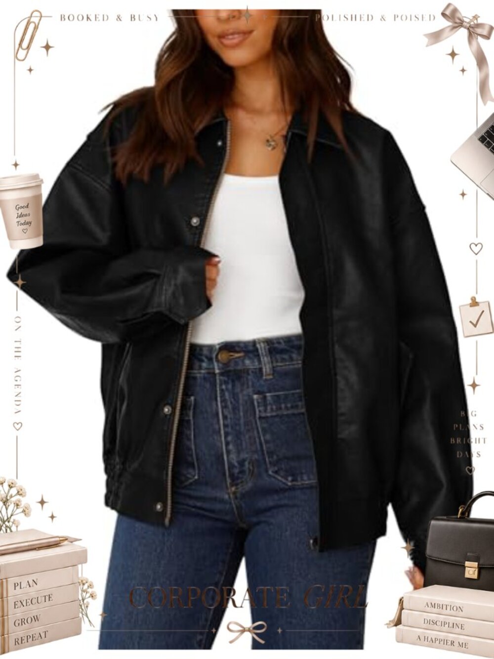 Faux Leather Motorcycle Jacket Oversized Zip Up Moto Biker Coat
